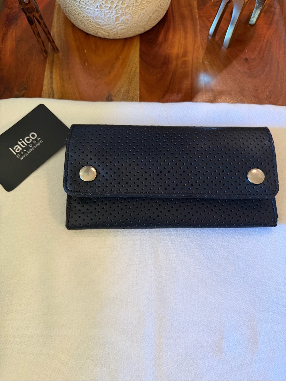 latico Black Perforated Leather Snap Wallet with Silver Accents